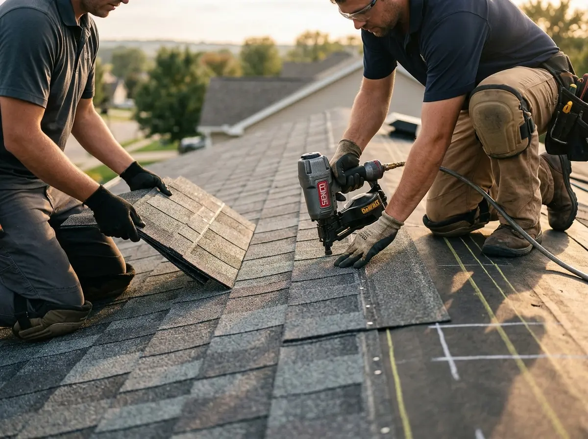 Professional roofer working on a residential roof in Pendleton